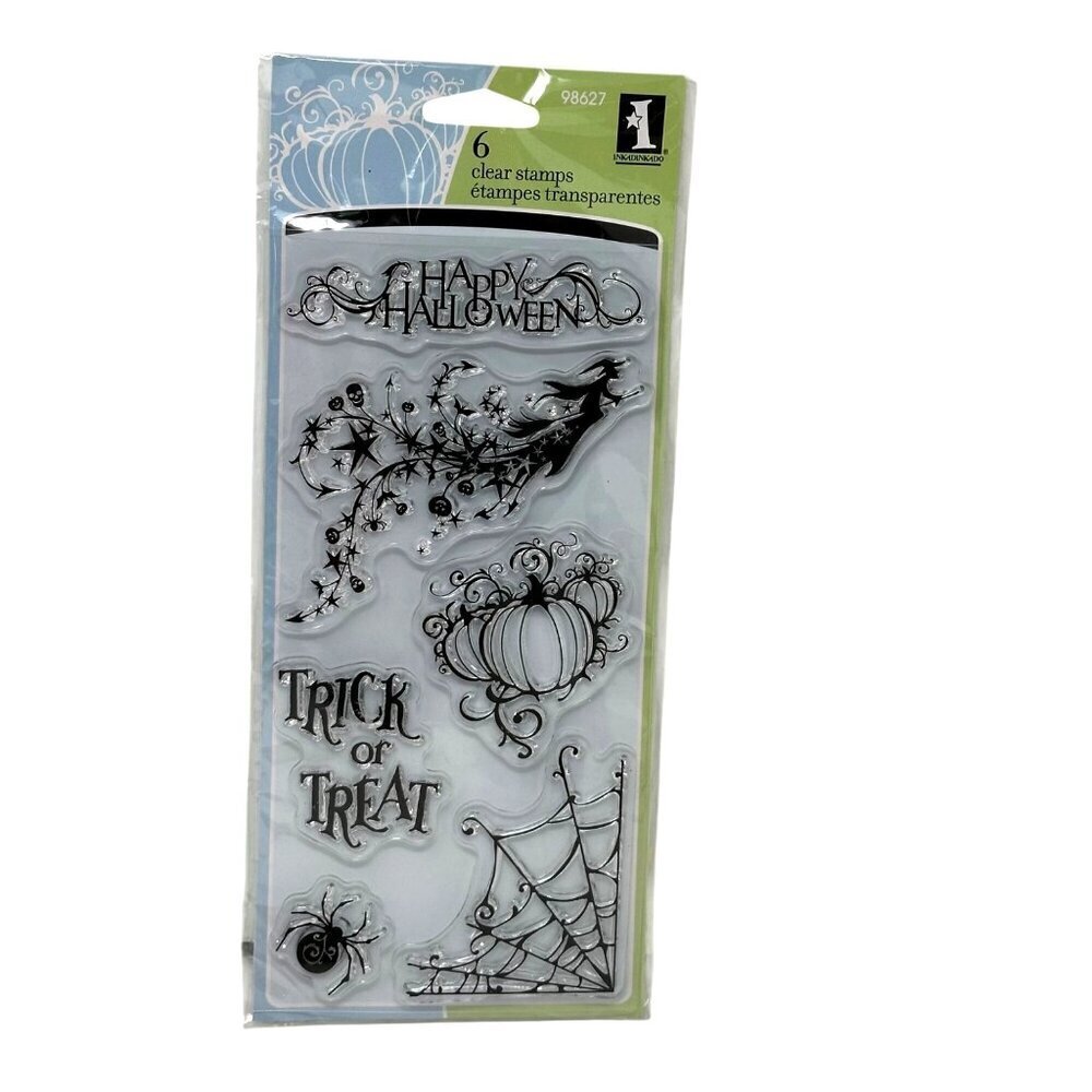 Inkadinkado Clear Stamps Happy Halloween Witch Pumpkin Spider Web Set 98627 New